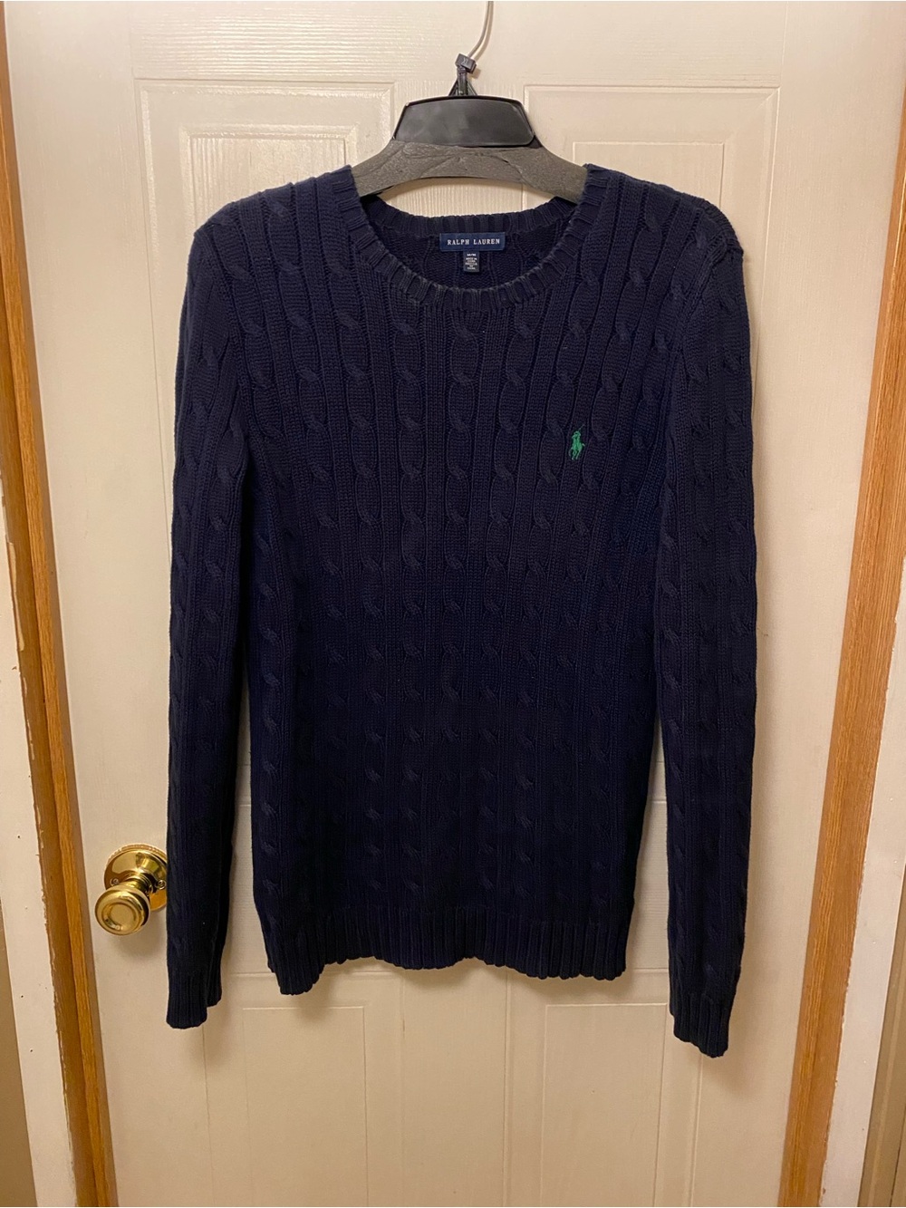 Ralph Lauren Navy Cable-Knit Crewneck Sweater with Green Pony